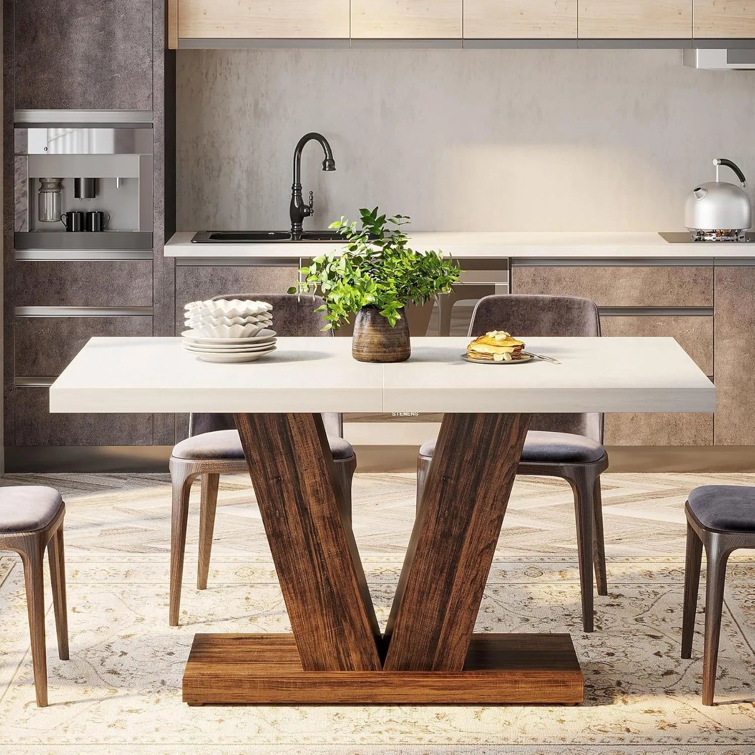 LITTLE TREE 47"Walnut Dining Table with V-Shaped Wooden Base for 4 People