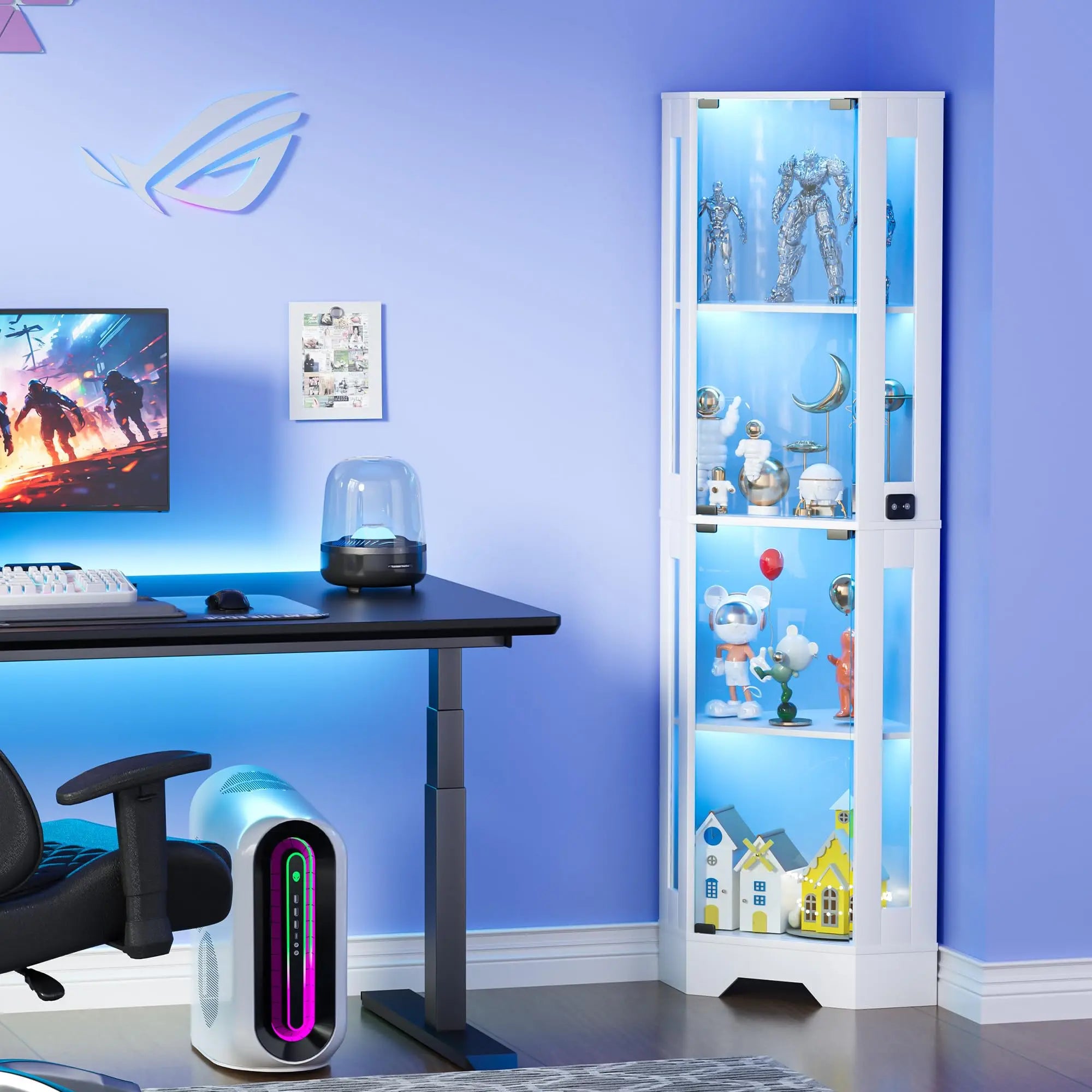 Corner Curio Showcase with 4 Tiers Shelves, 3 Color LED Lighting with Smart Motion Detector