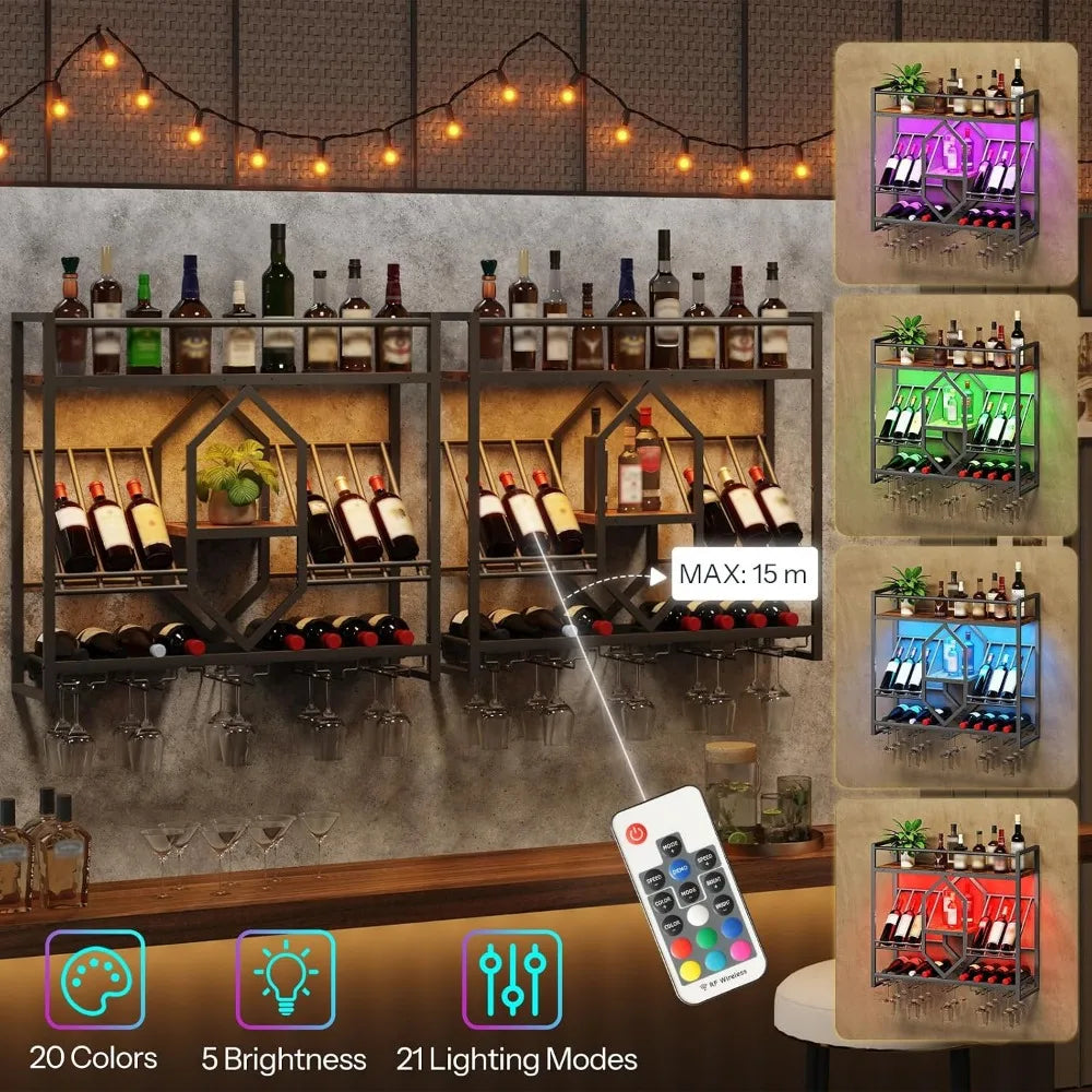 Wall Mount 3-Tier Wine Rack with Stemware Holder, Remote LED Lights