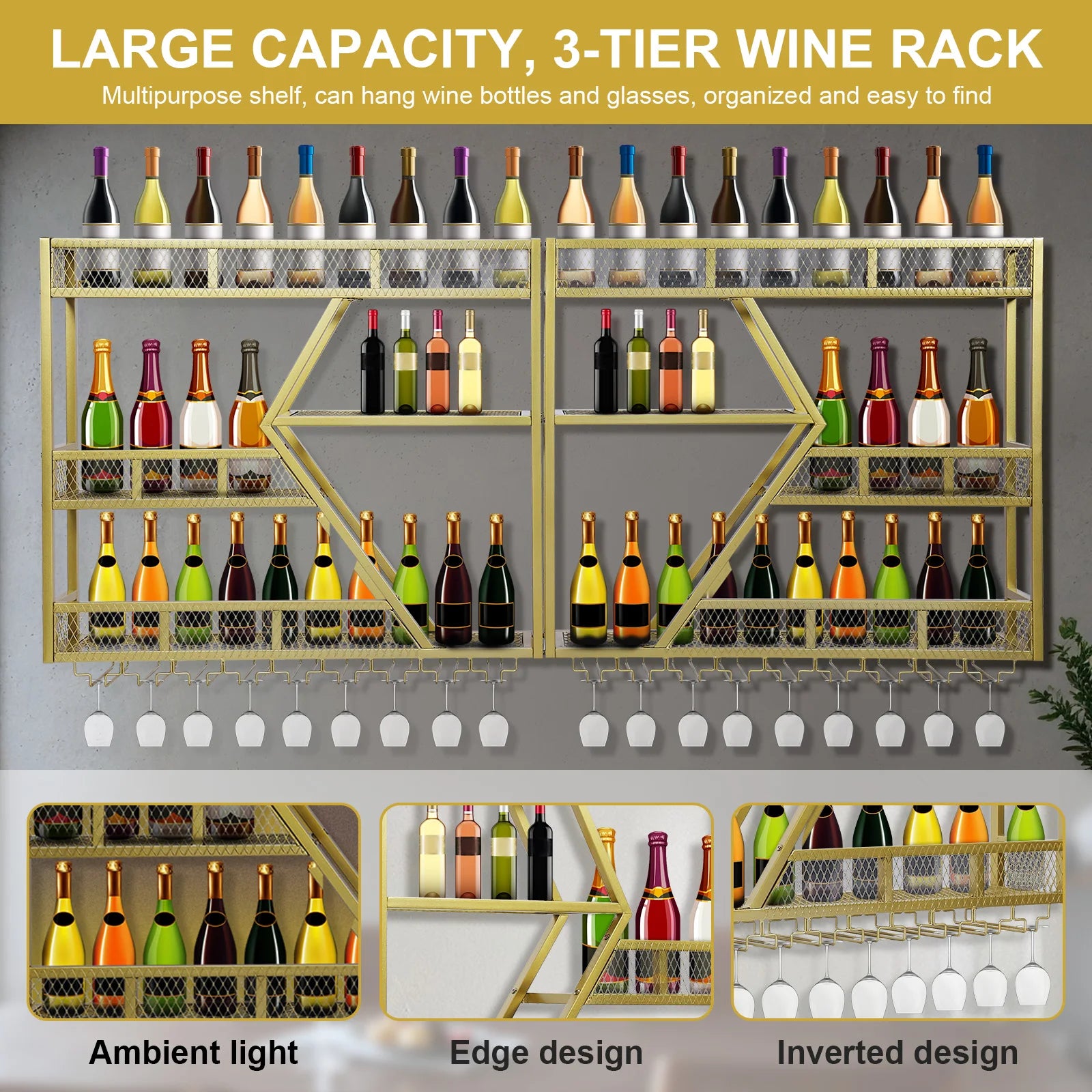 Metal Wine Bottles Display Storage Shelf with Glass Holder