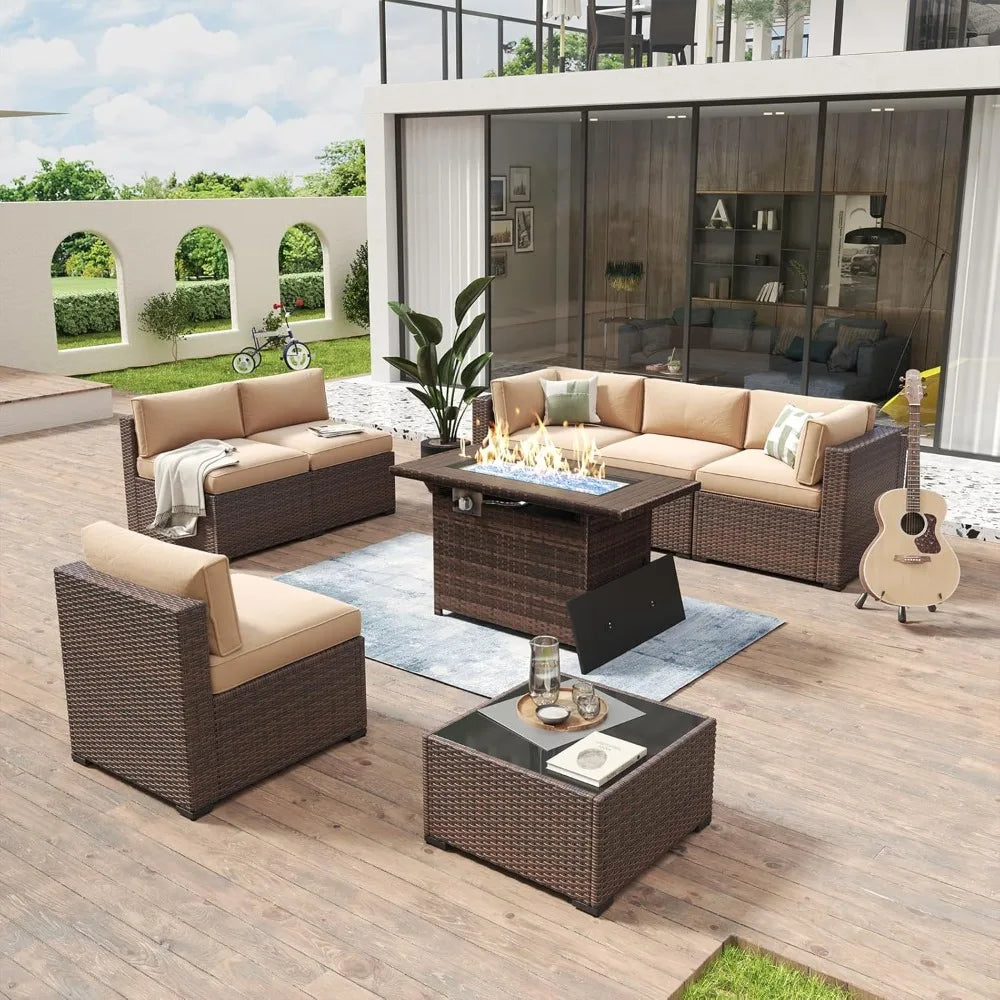 8 Piece Wicker Ratton Outdoor Sectional Patio Furniture Set with 44” Fire Pit Table