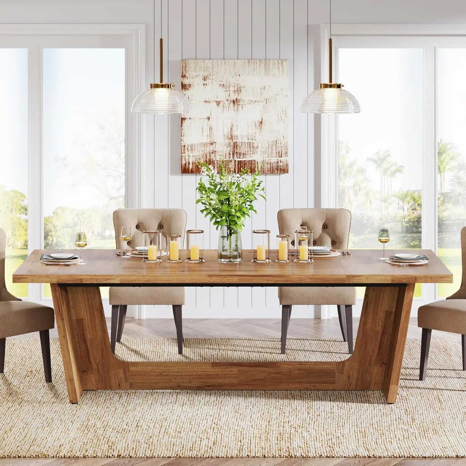 Rectangular Farmhouse Kitchen Table with Solid Pedestal