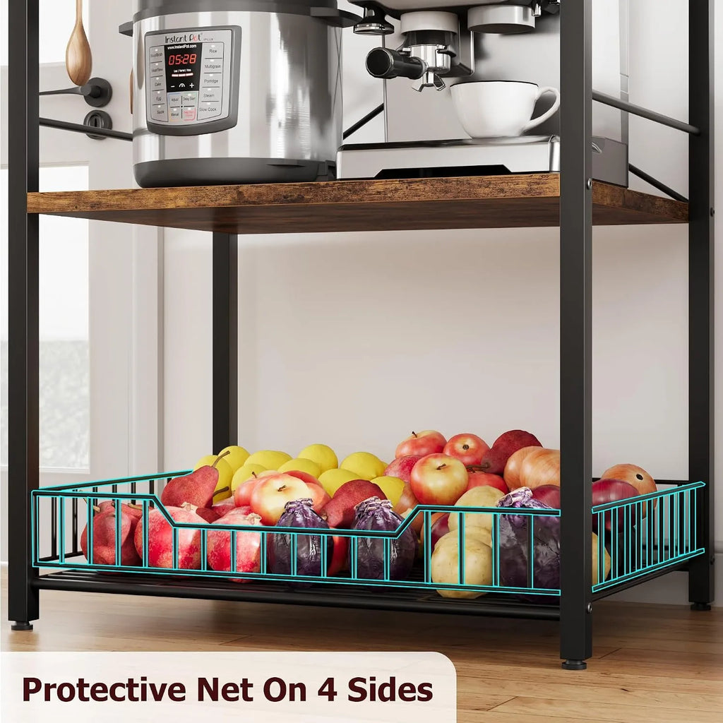 4 Tier Kitchen Bakers Rack, Microwave Stand, and Storage Shelf with Wire Basket 8 Hooks