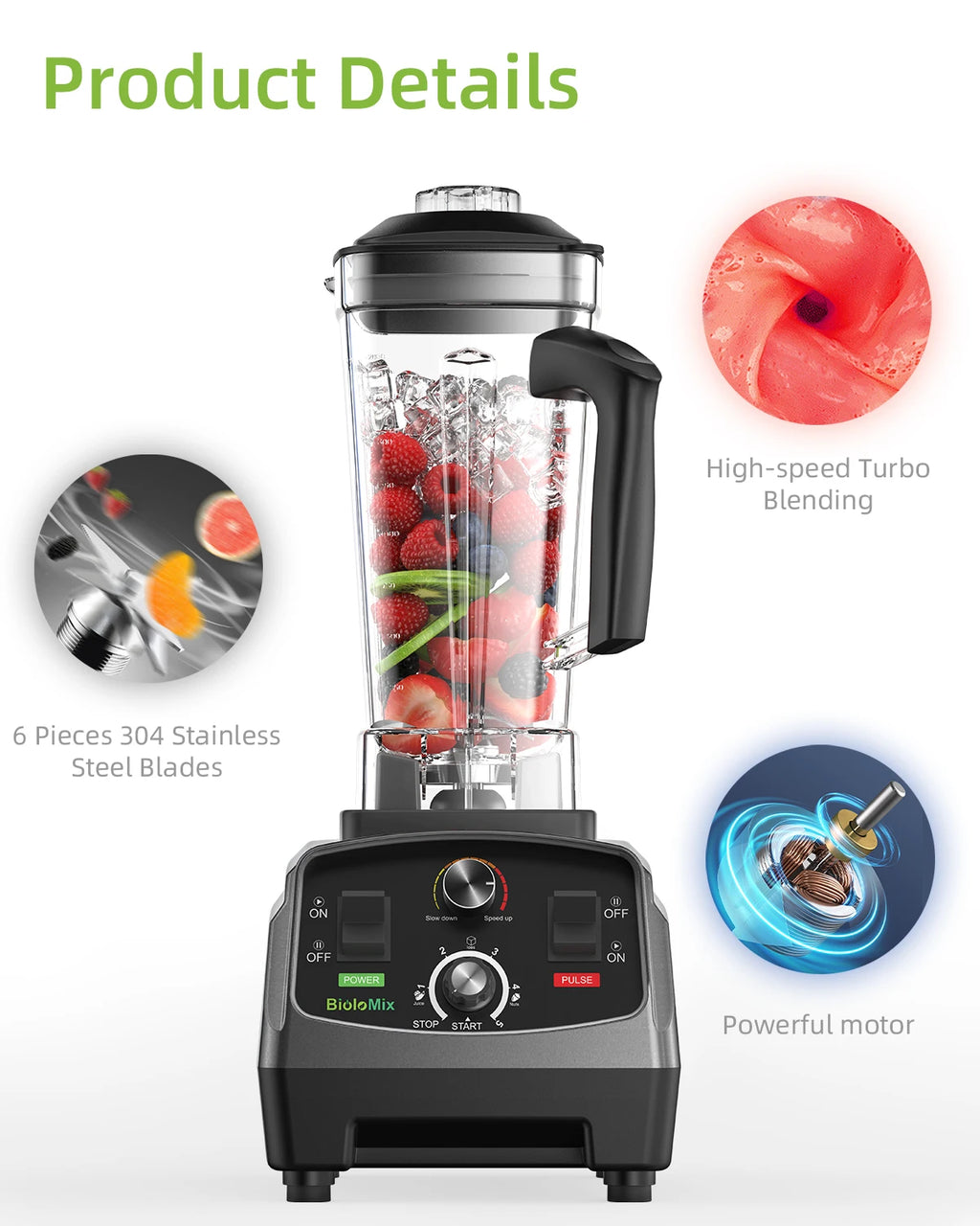 BioloMix 3HP 2200W Heavy Duty Blender, Mixer, and Juicer Fruit Food Processor 2L Jar