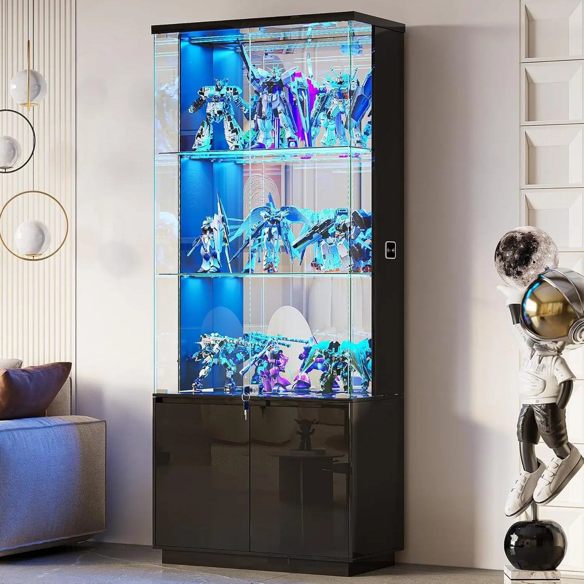 71'' Display Cabinet with Glass Doors,4-Tier Curio Cabinet with 3-Color Lights for Collectibles,Lockable Glass Display, Custom