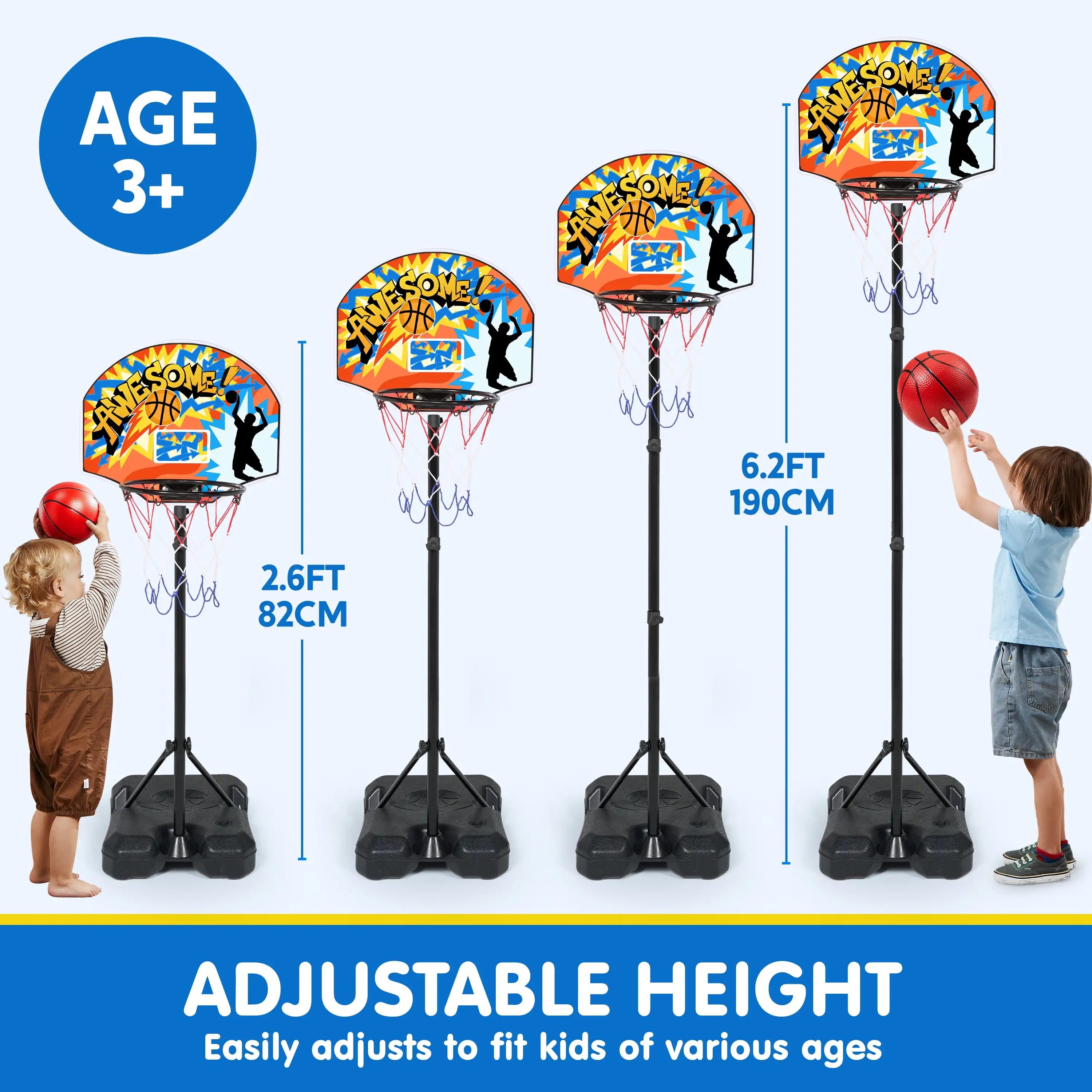 JOYFY 2.8-6.2 ft Adjustable Kids Basketball with 4 Balls for Toddlers, Indoor, and Outdoor