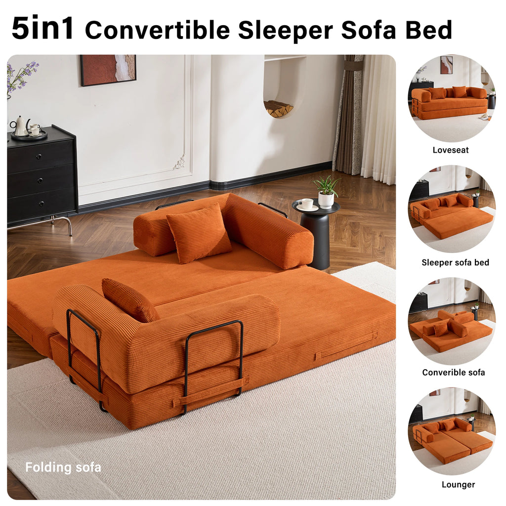 79" Corduroy Convertible Sleeper Couch with High Rebound Foam Folding Sofa Bed, Orange