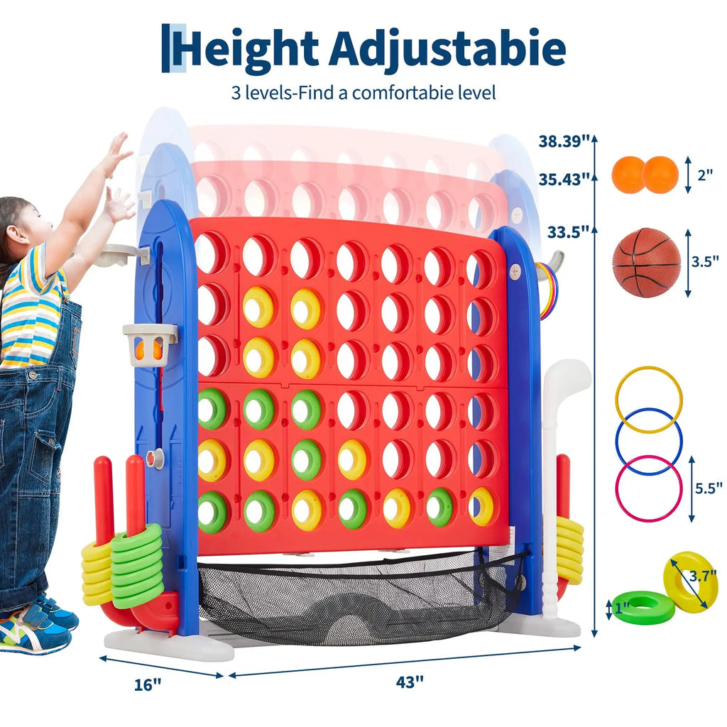 Adjustable Height Giant 4-in-1 Jumbo Connect Four with Basketball, Ring Toss, and Golf with Red Storage Bag