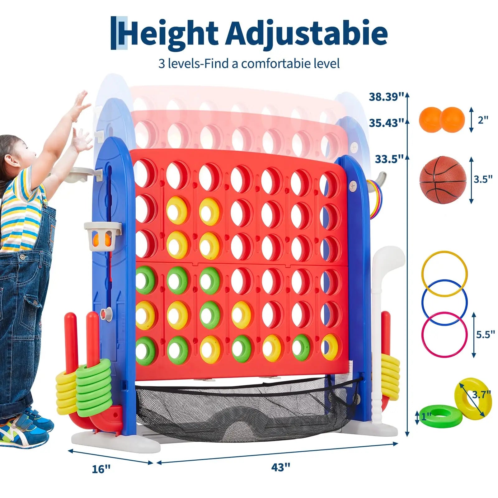 Adjustable Height Giant 4-in-1 Jumbo Connect Four with Basketball, Ring Toss, and Golf with Red Storage Bag