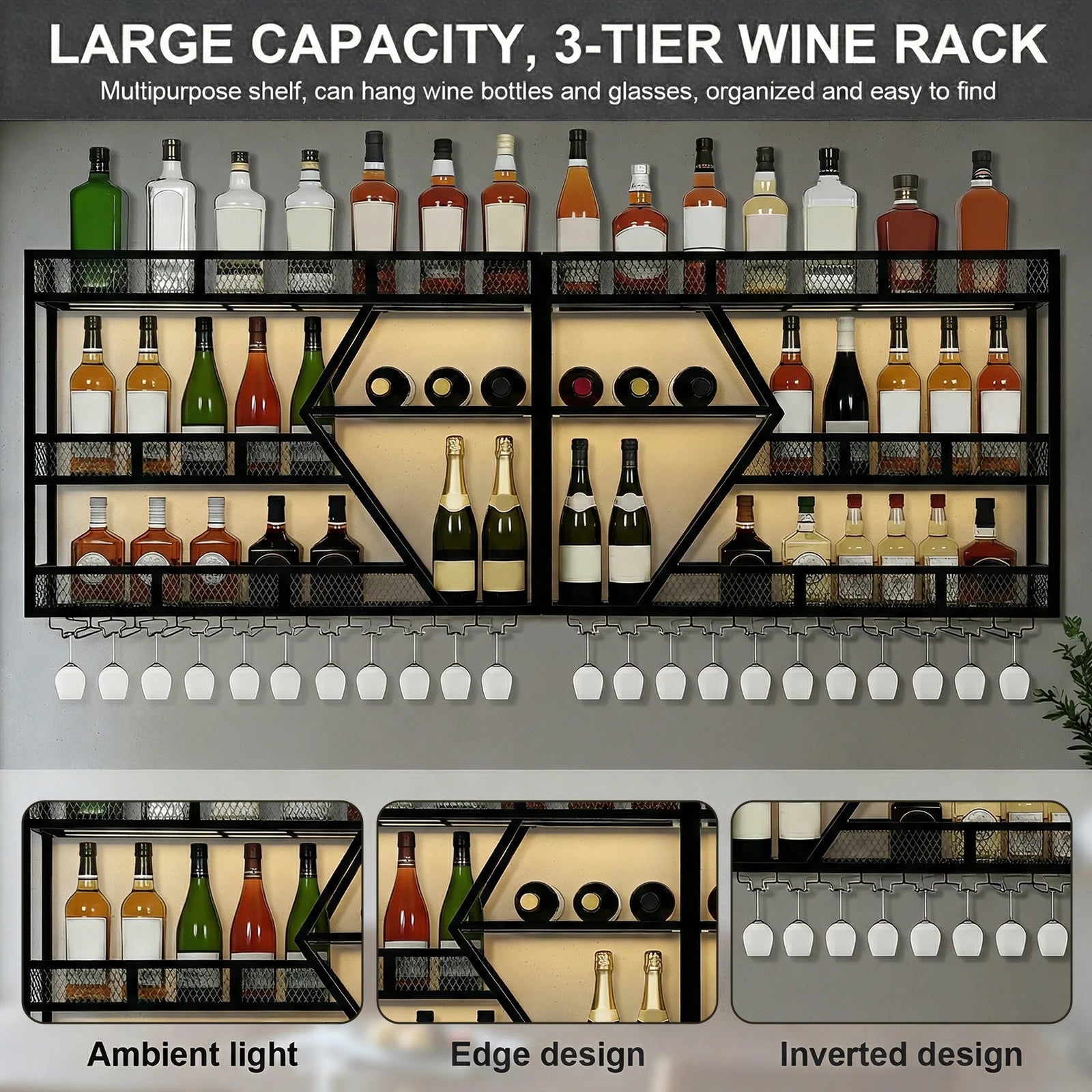 3/4 Tier Wall Mounted Wine Storage Display with Glass Holder