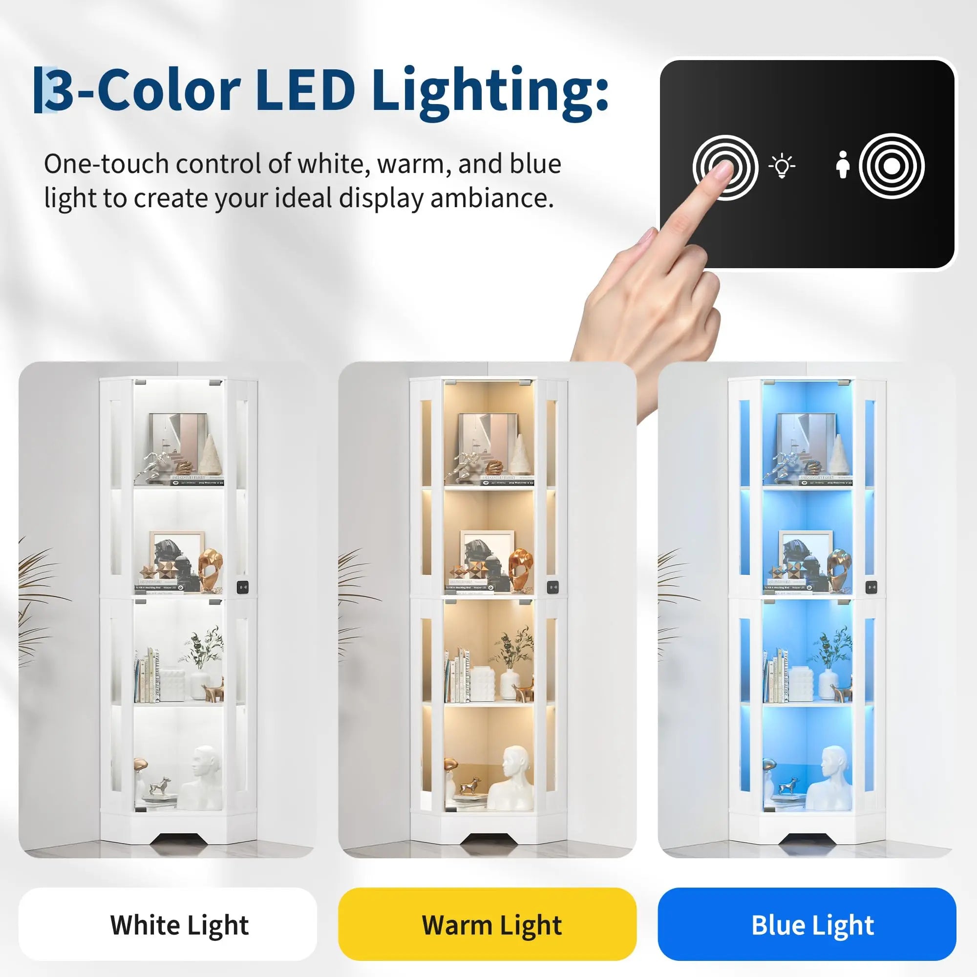 Corner Curio Showcase with 4 Tiers Shelves, 3 Color LED Lighting with Smart Motion Detector