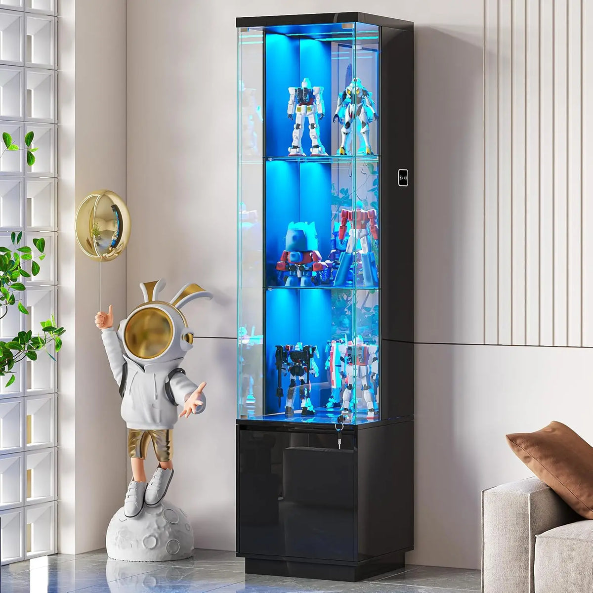 71'' Display Cabinet with Glass Doors,4-Tier Curio Cabinet with 3-Color Lights for Collectibles,Lockable Glass Display, Custom