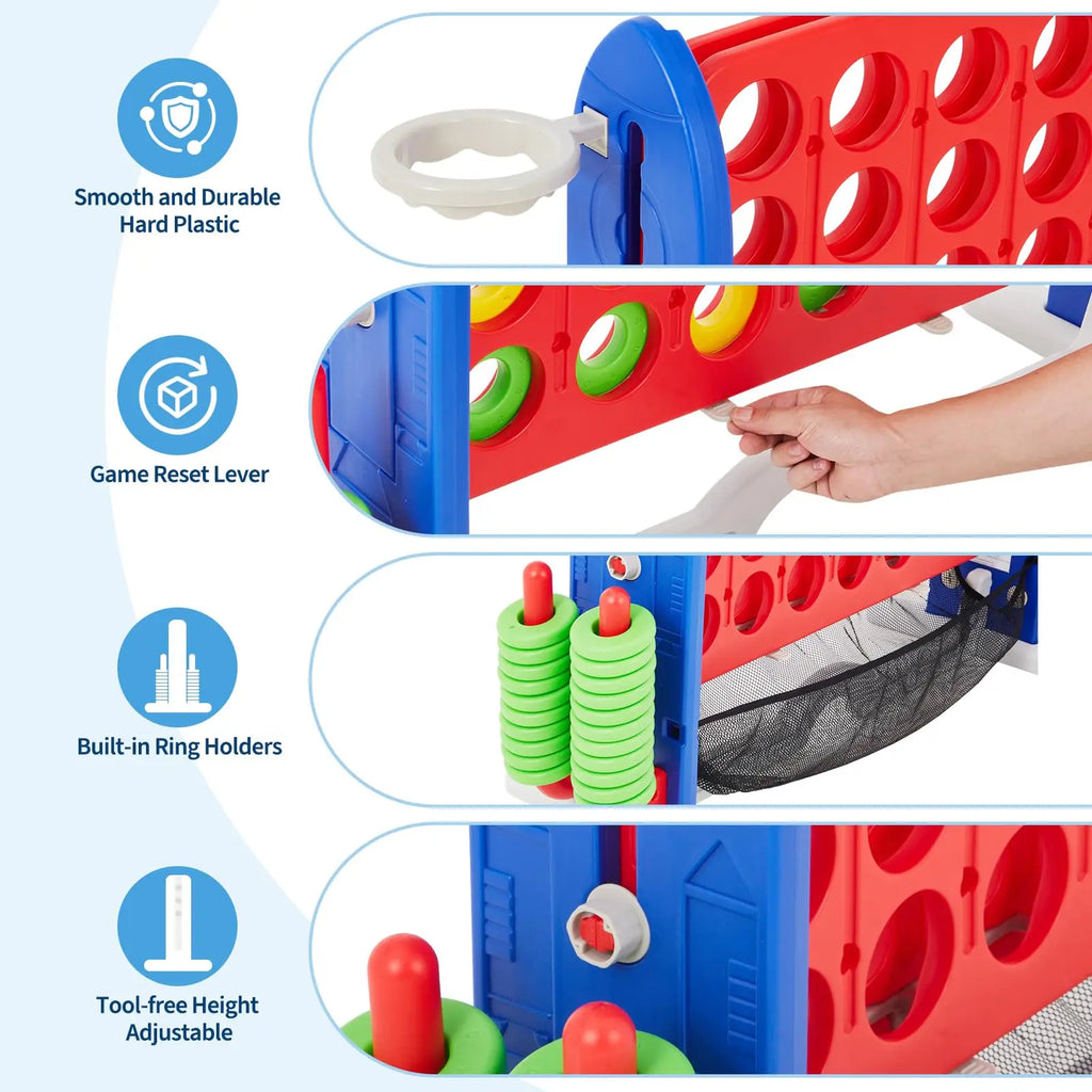 Adjustable Height Giant 4-in-1 Jumbo Connect Four with Basketball, Ring Toss, and Golf with Red Storage Bag