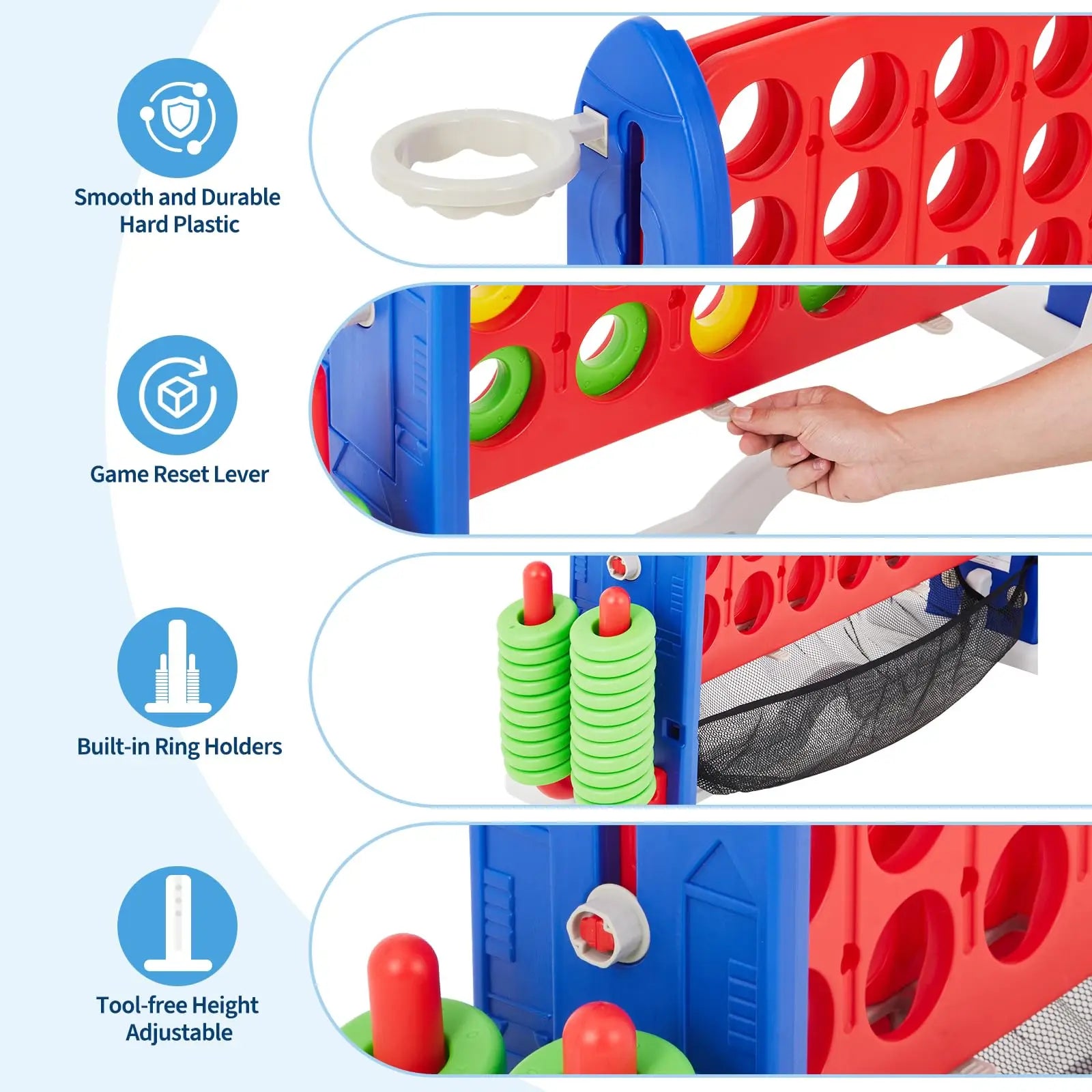 Adjustable Height Giant 4-in-1 Jumbo Connect Four with Basketball, Ring Toss, and Golf with Red Storage Bag