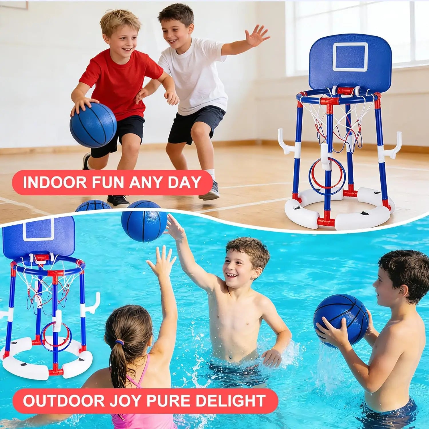 Floating Pool Basketball Hoop Set 2-in-1 Pool Game with Backboard & Ring Toss, Stable Anti-Tip Base, 2 Balls, Rings & Pump