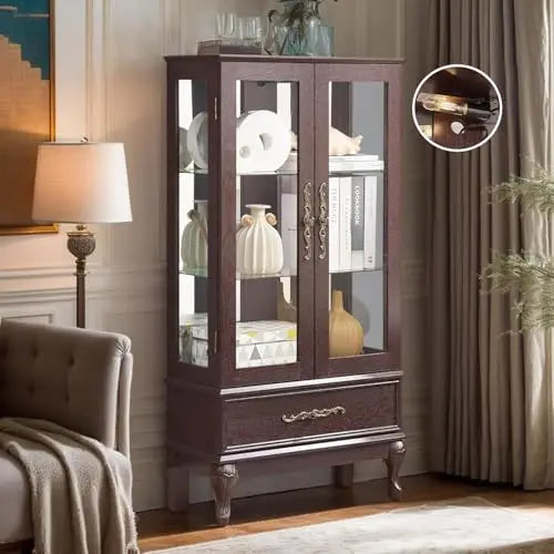 52" Lighted Accent Curio Cabinet, 3-Tier Antique Storage Cabinet with Tempered Glass Adjustable Shelves & Drawer