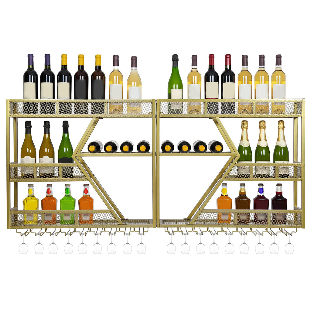 Metal Wine Bottles Display Storage Shelf with Glass Holder