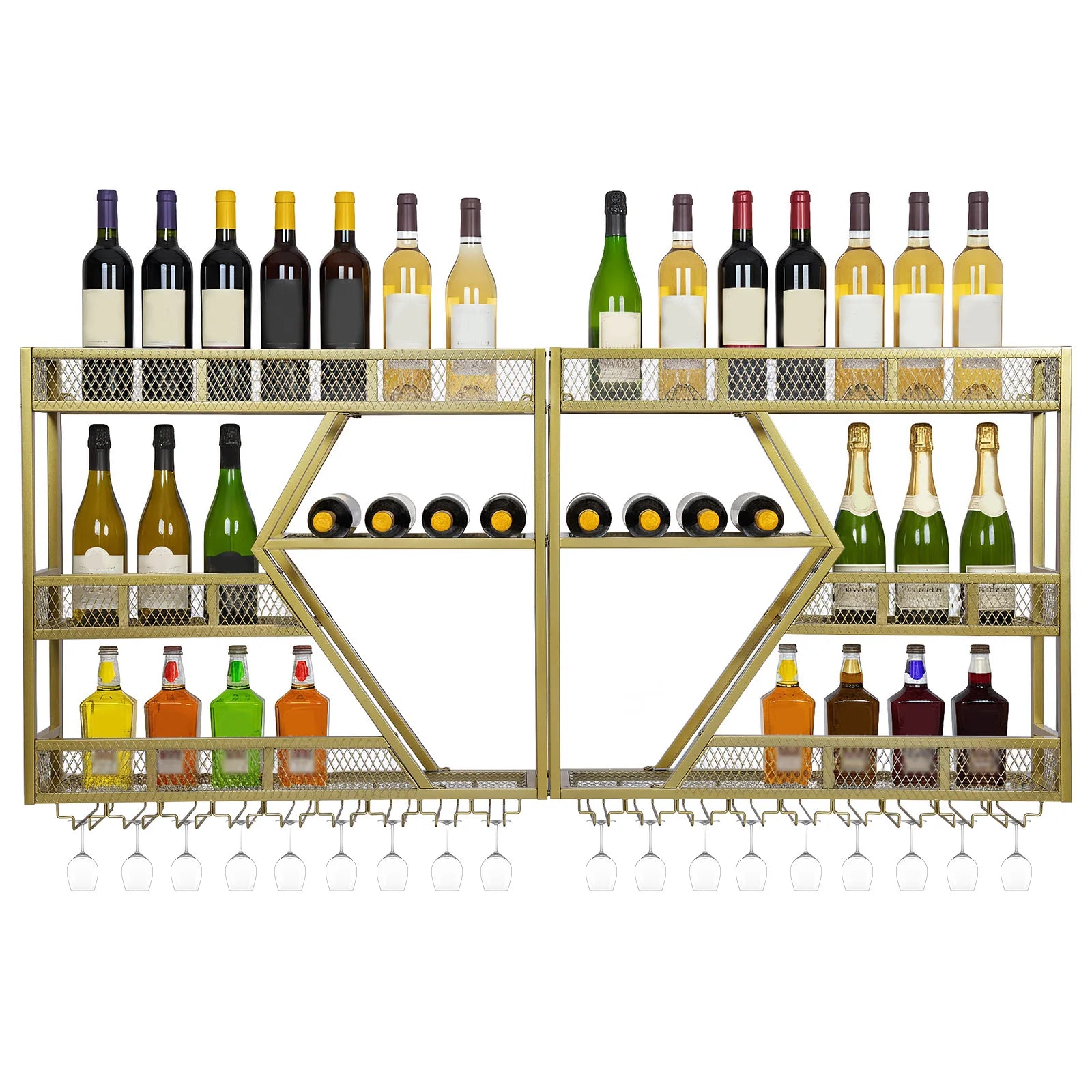 Metal Wine Bottles Display Storage Shelf with Glass Holder