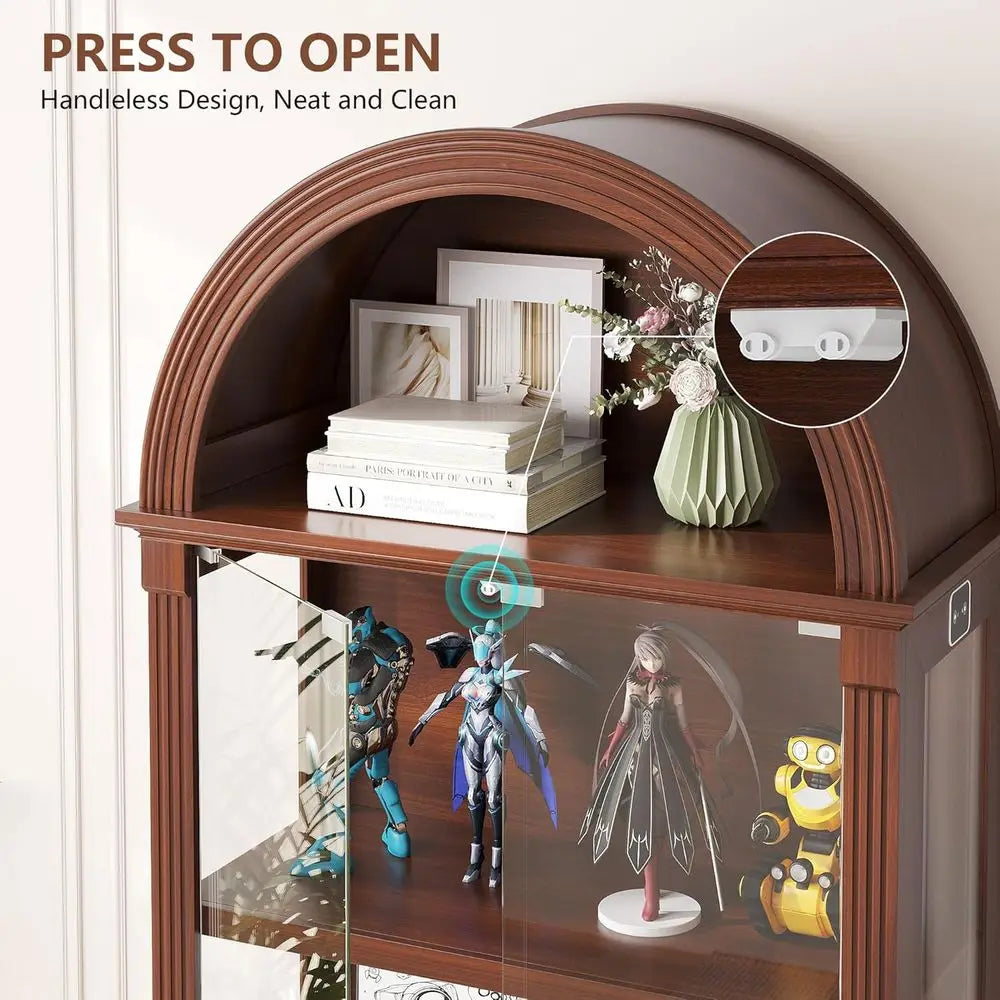 72" Tall Arched Display Cabinet, Human Sensor Lights, 4-Tier Large Shelves