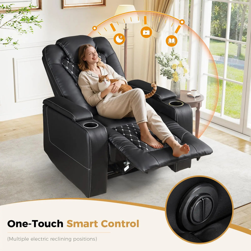 Faux Leather Electric Power Recliner Chair with USB Ports, Dual Cup Holders & Storage