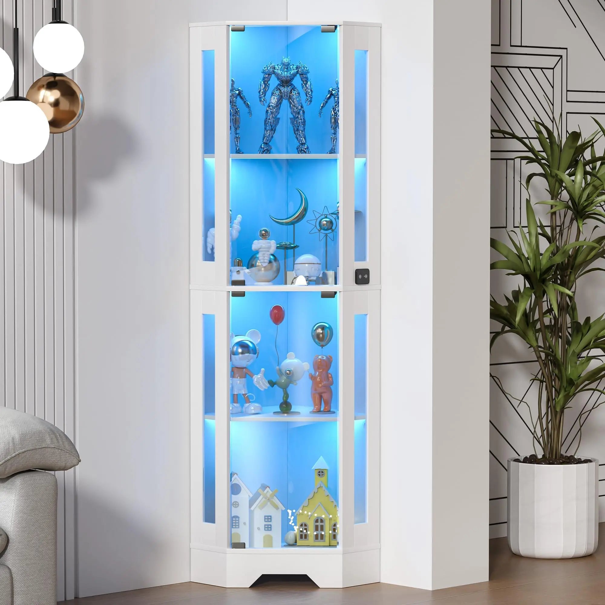 Corner Curio Showcase with 4 Tiers Shelves, 3 Color LED Lighting with Smart Motion Detector