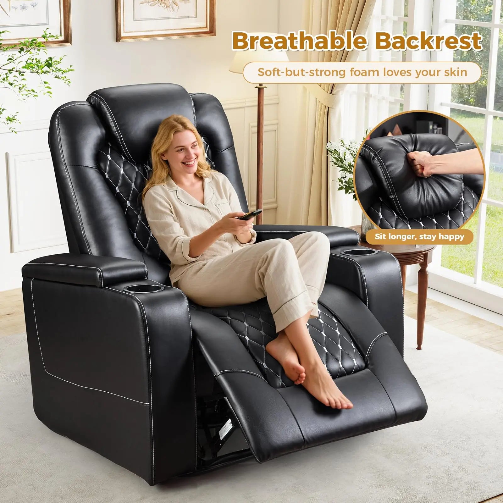 Faux Leather Electric Power Recliner Chair with USB Ports, Dual Cup Holders & Storage