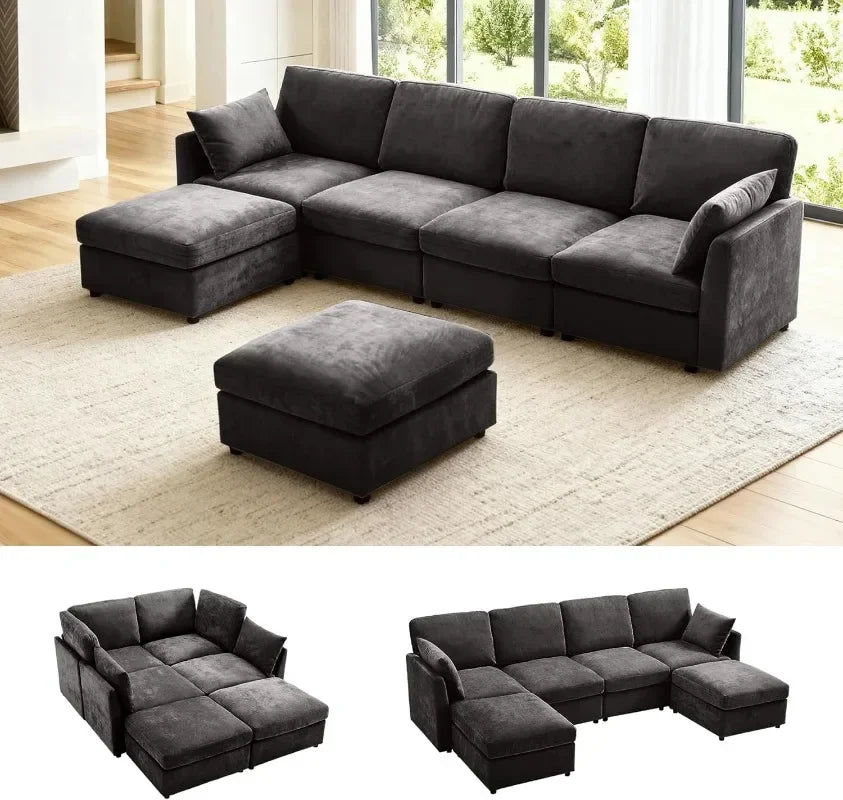 Iroomy  Modern Chenille 4 Setter Sectional, L Shaped Convertible Sofa with Ottoman