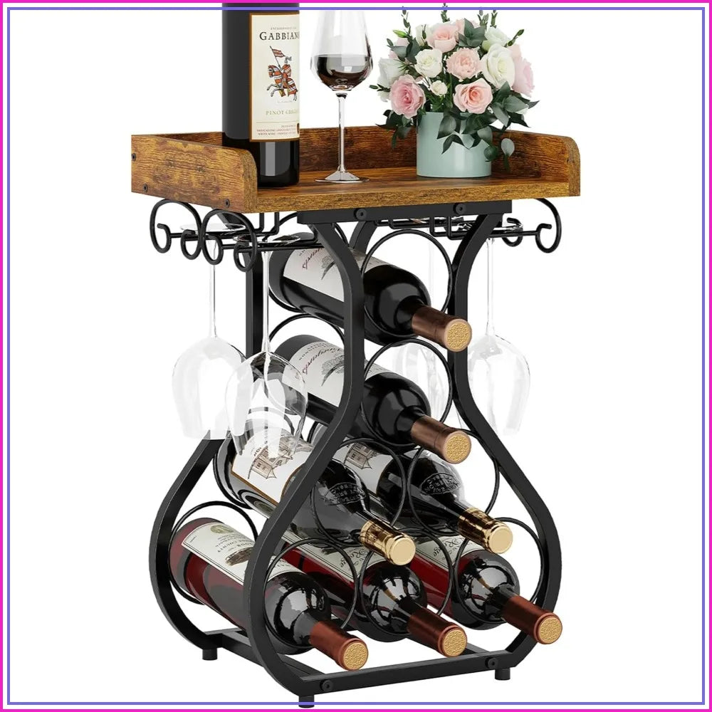 Rustic Wood Top 7 Bottles Wine Rack with Tabletop Surface 4 Glass Holder Storage