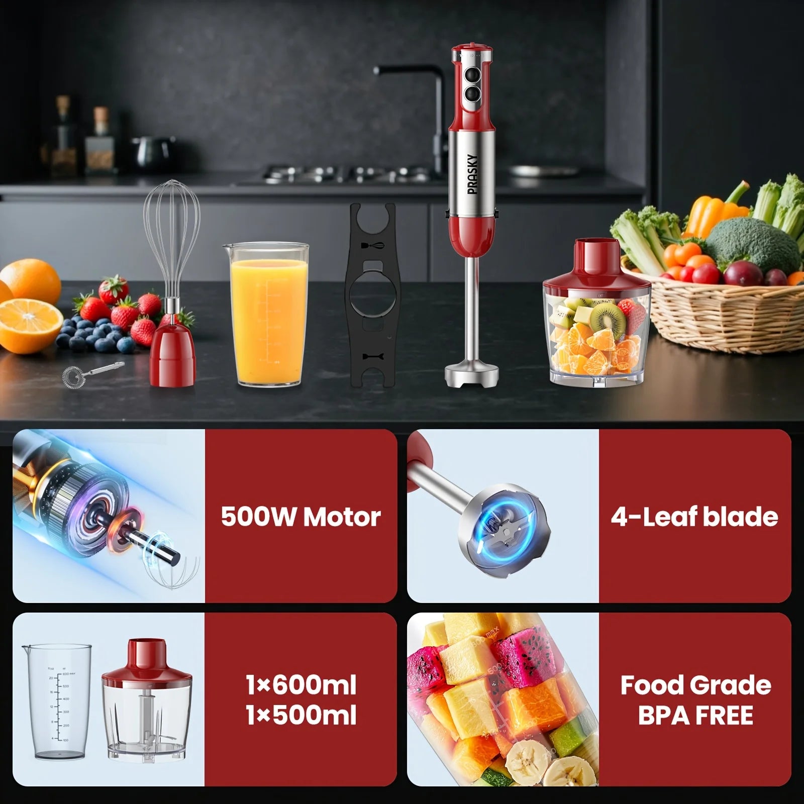 PRASKY 5-in-1 Blender with High Power Motor & Multi-Attachments