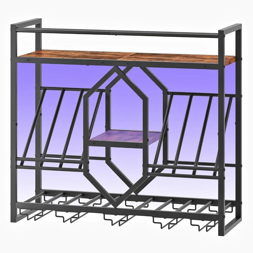Wall Mount 3-Tier Wine Rack with Stemware Holder, Remote LED Lights