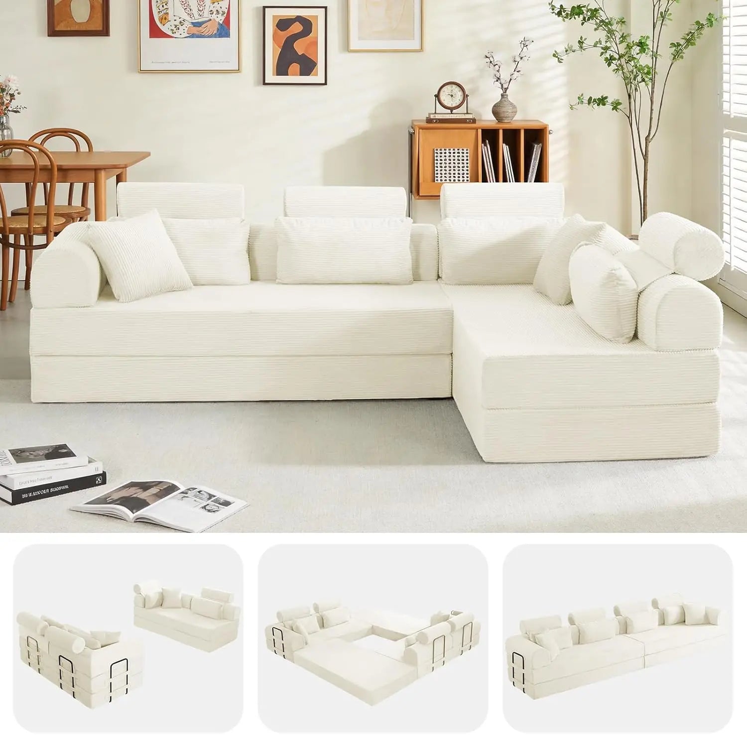 Corduroy L-Shaped Sofa with Right Facing Chaise, Boneless Couches