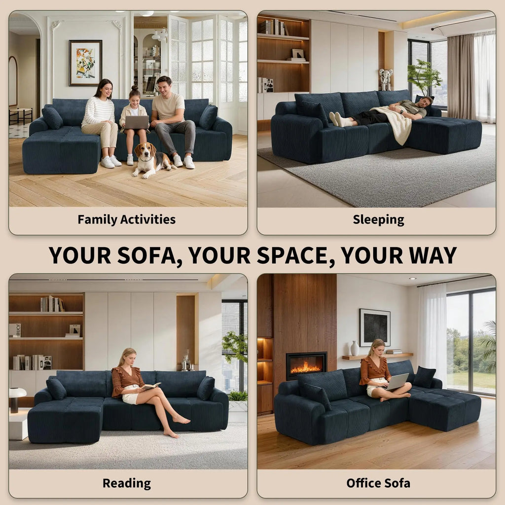 118'' Corduroy Modular Sofa, Deep Seat Compression Couch With Memory Foam