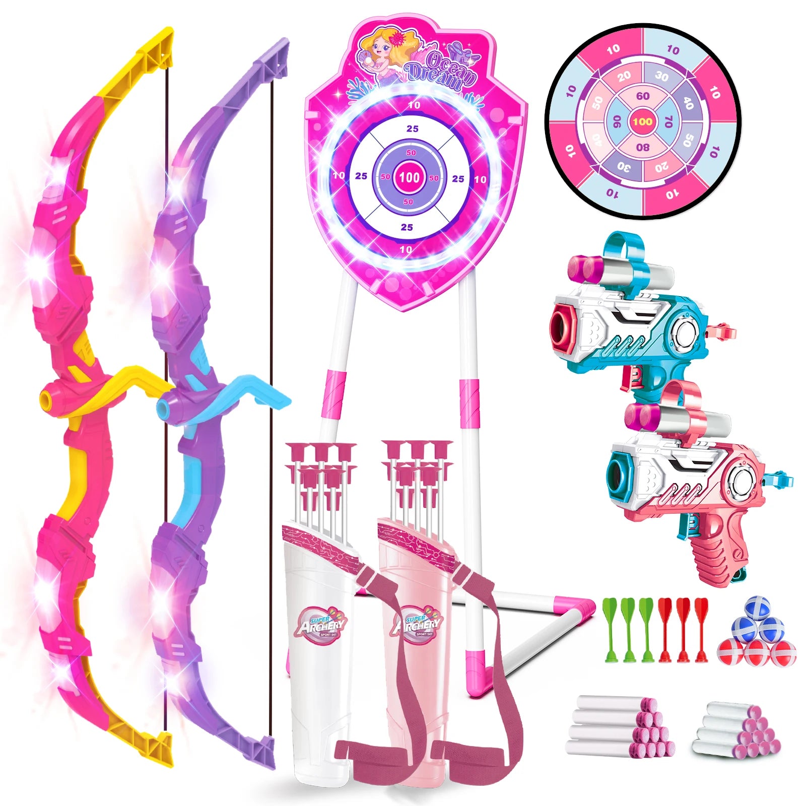 VATOS Night Light Bow & Arrow, Guns, and Archery Stand Target Board. Indoor and Outdoor Game for Girls