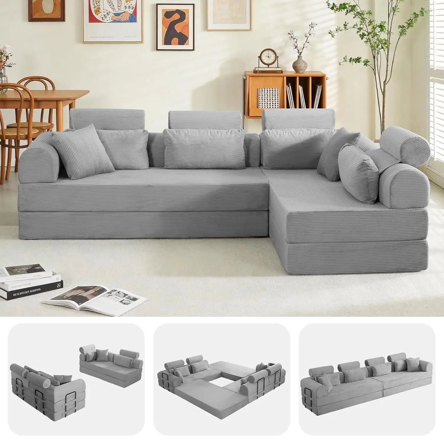 Corduroy L-Shaped Sofa with Right Facing Chaise, Boneless Couches