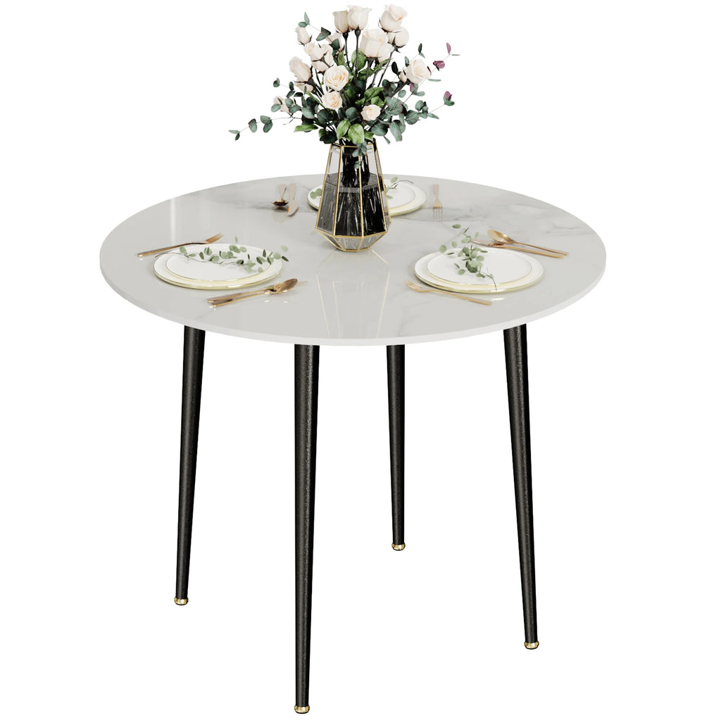 32" Round Sintered Marble/Stone Dining Table with Black Metal Legs for 2-4 People