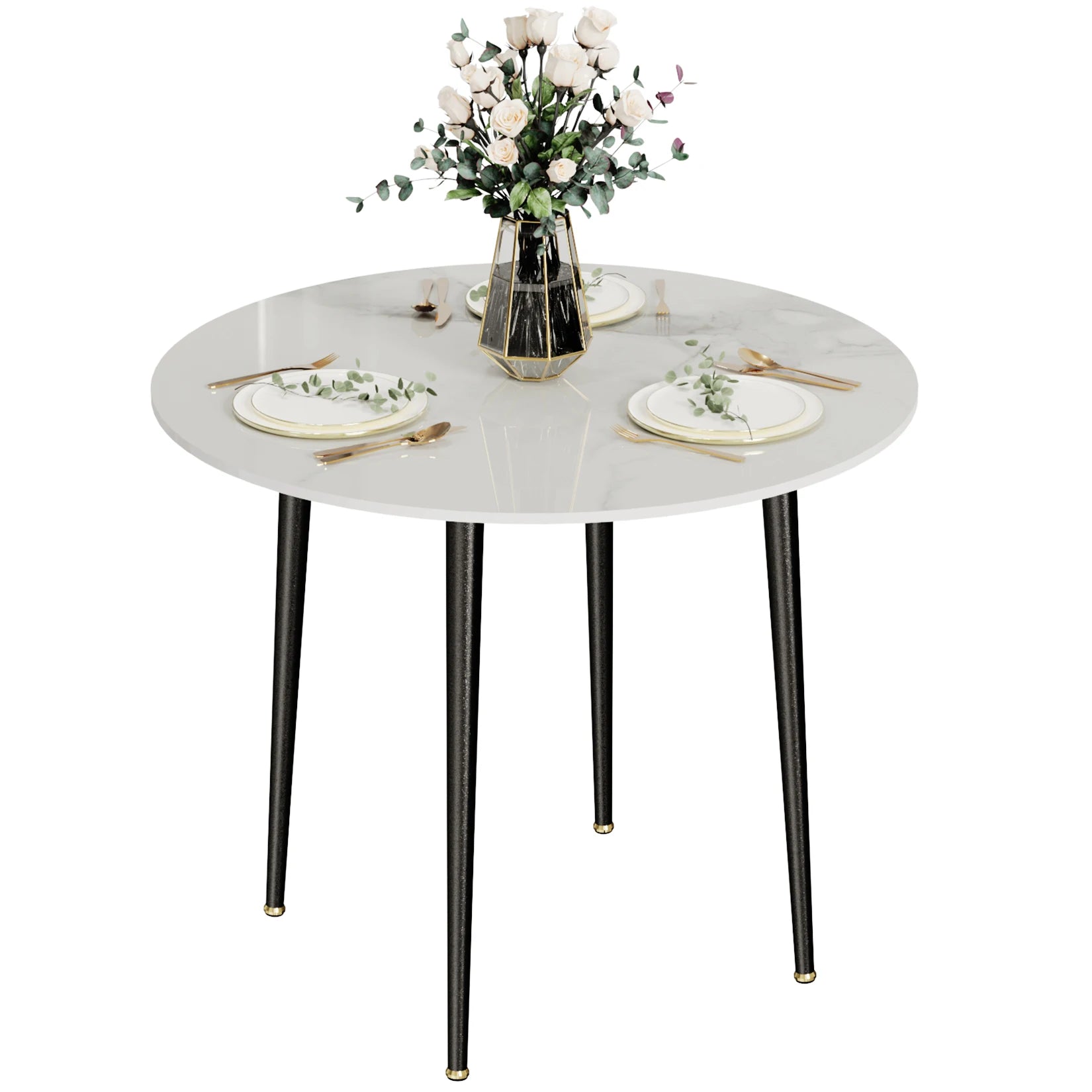 32" Round Sintered Marble/Stone Dining Table with Black Metal Legs for 2-4 People