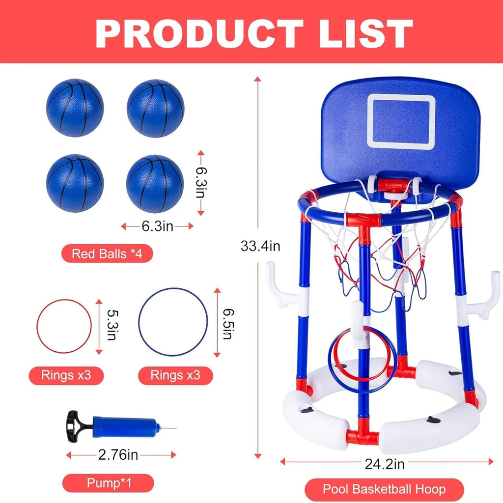 Floating Pool Basketball Hoop Set 2-in-1 Pool Game with Backboard & Ring Toss, Stable Anti-Tip Base, 2 Balls, Rings & Pump