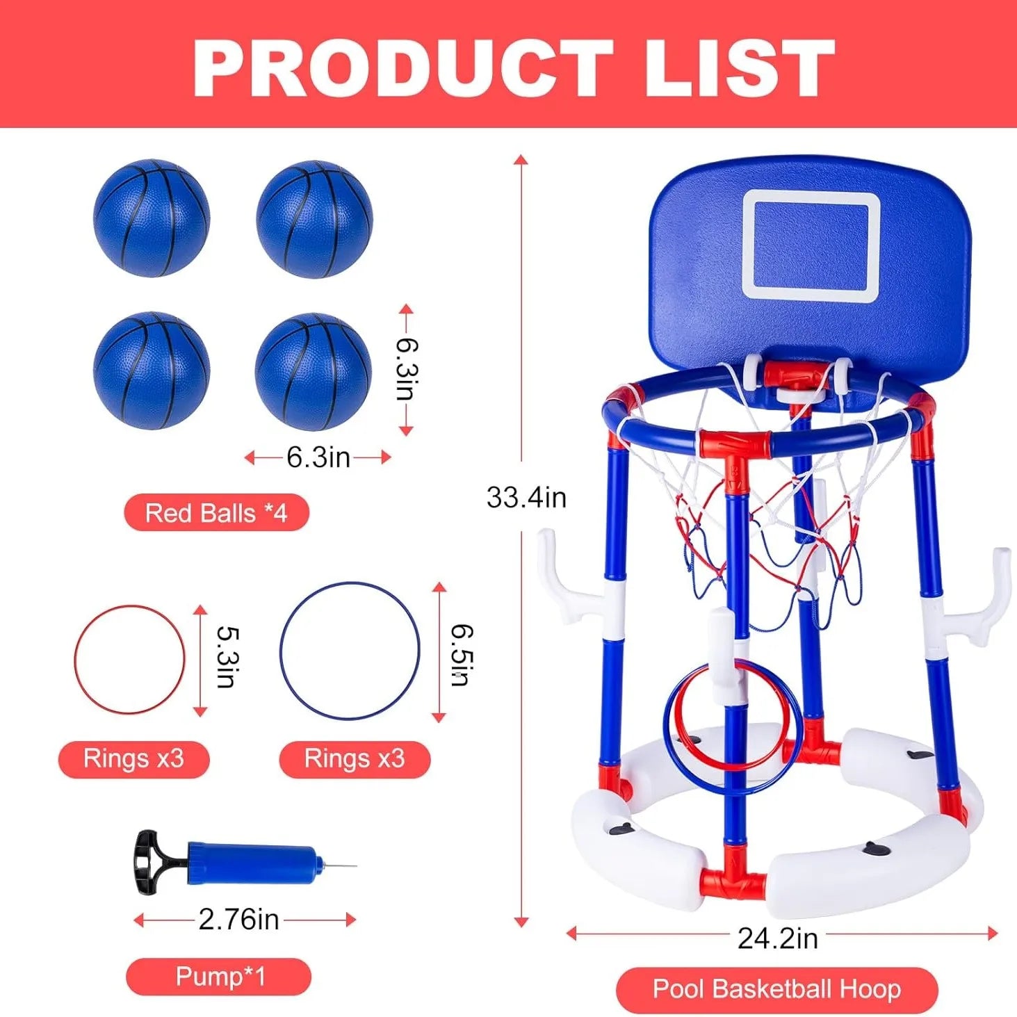 Floating Pool Basketball Hoop Set 2-in-1 Pool Game with Backboard & Ring Toss, Stable Anti-Tip Base, 2 Balls, Rings & Pump