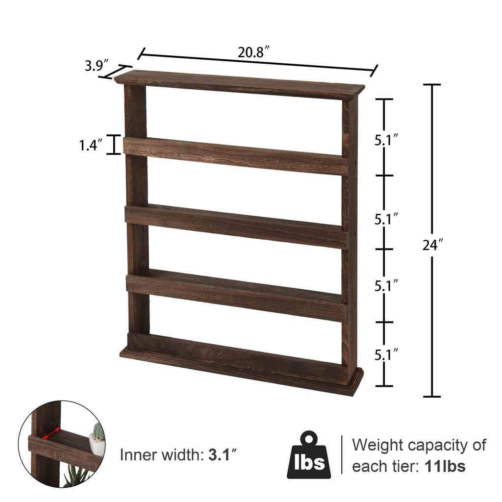 Rustic Torched Wood Wall Mounted 4-Tier Spice Rack