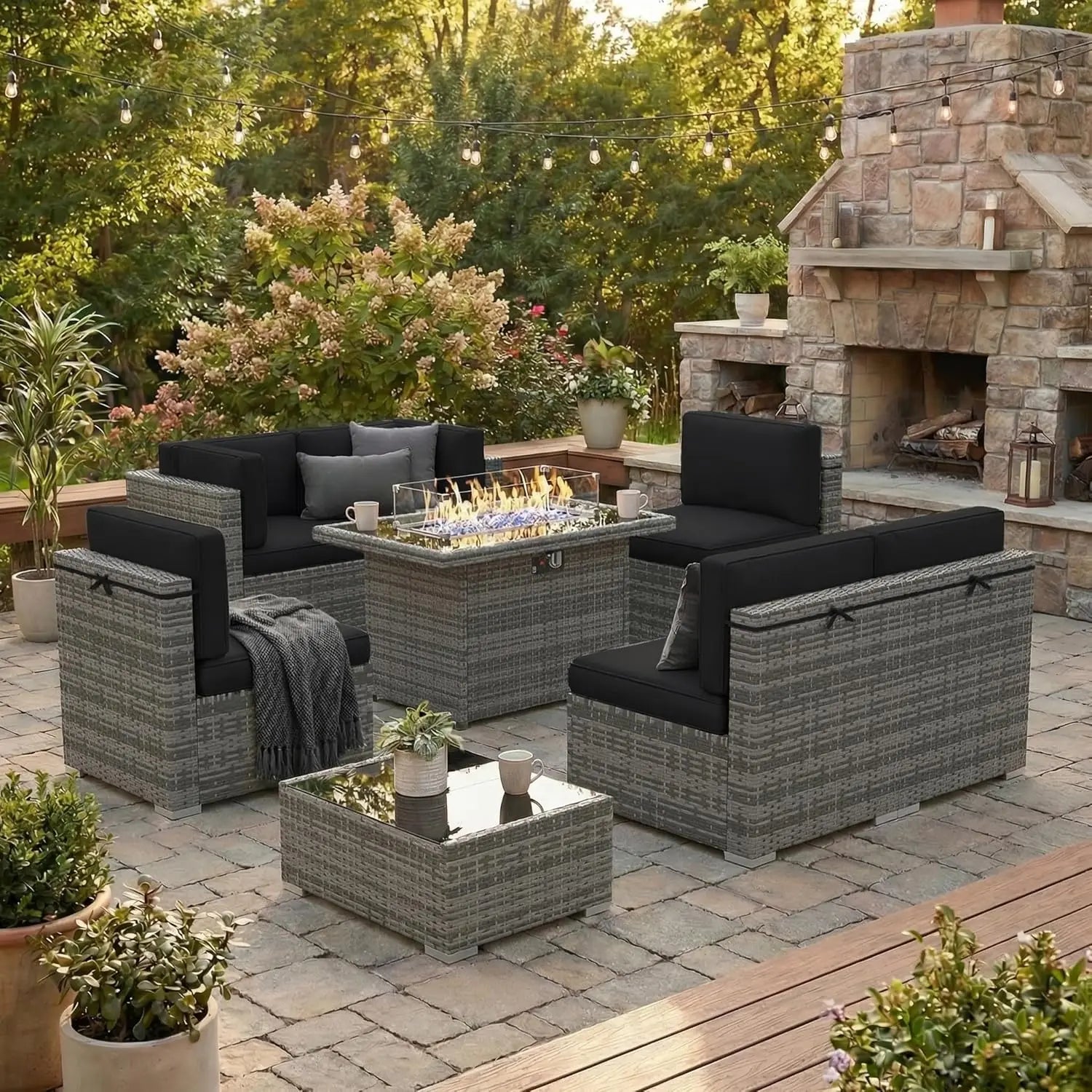 8 Pieces Outdoor Sectional Wicker Patio Furniture Set with 44" Propane Gas Fire Pit Table Customized