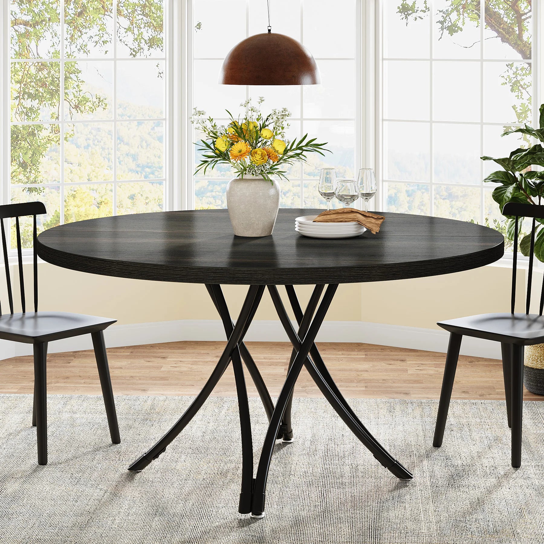 Tribesigns 47" Wooden Round Dining Table with Metal Base for 4-6 People