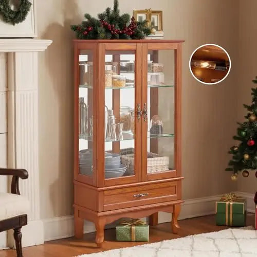 52" Lighted Accent Curio Cabinet, 3-Tier Antique Storage Cabinet with Tempered Glass Adjustable Shelves & Drawer