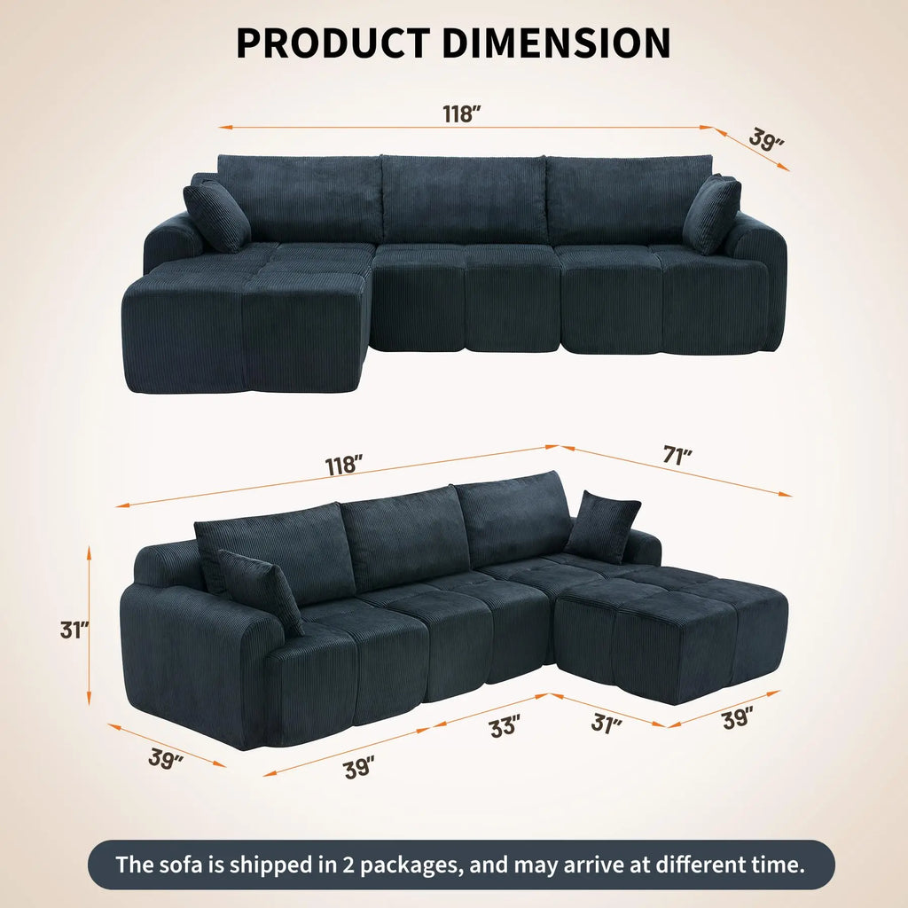 118'' Corduroy Modular Sofa, Deep Seat Compression Couch With Memory Foam