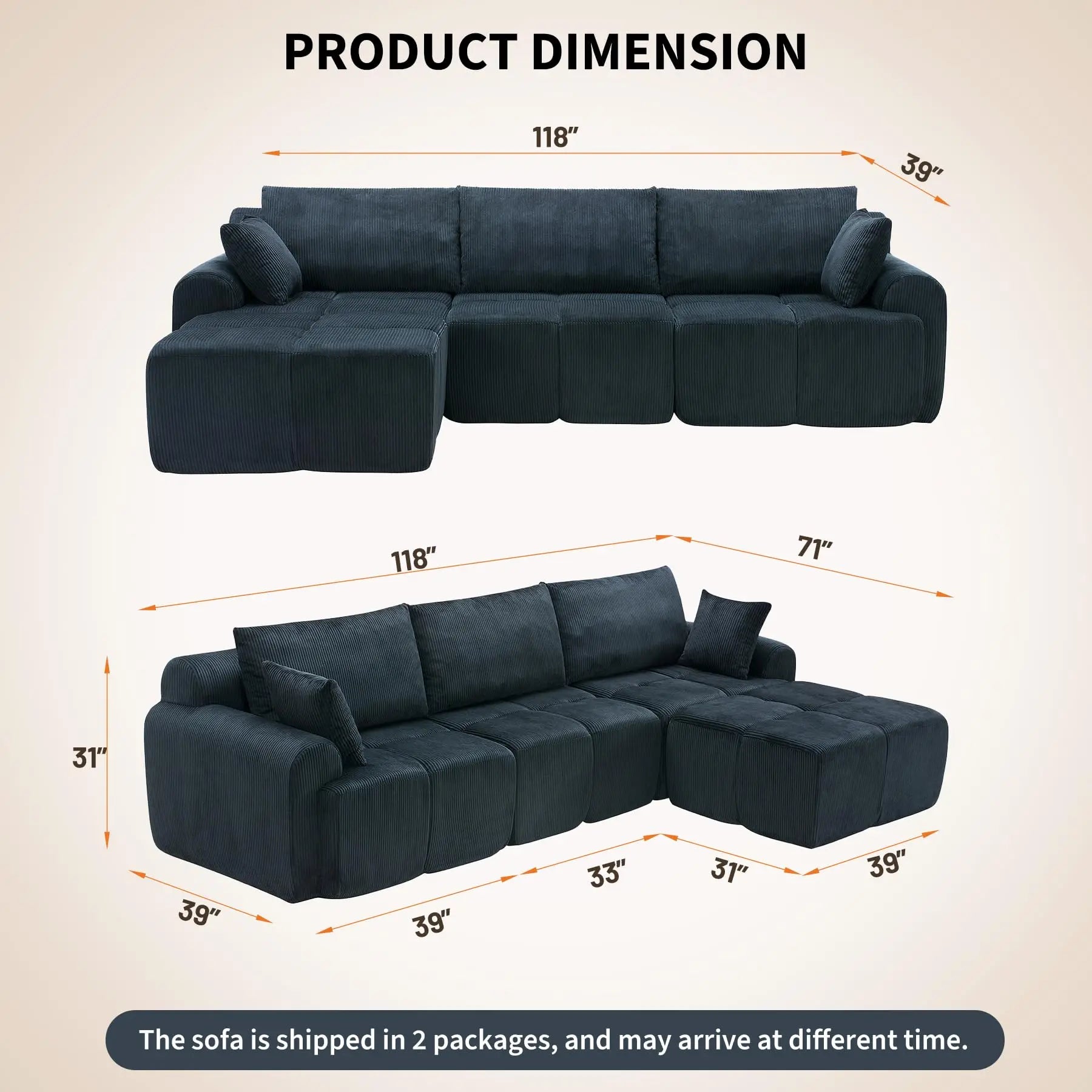 118'' Corduroy Modular Sofa, Deep Seat Compression Couch With Memory Foam