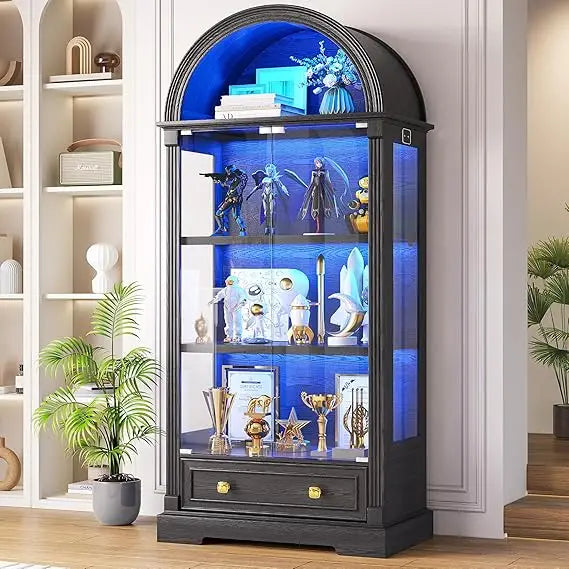 72" Black Curio 4-Tier Display Cabinet with Human Sensor Lights
