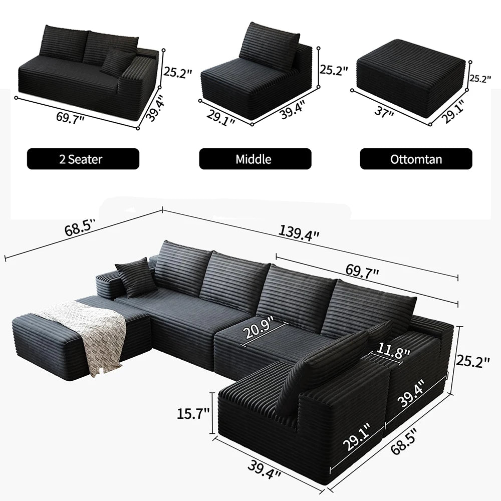 Plush Corduroy U-Shaped Sectional Sofa