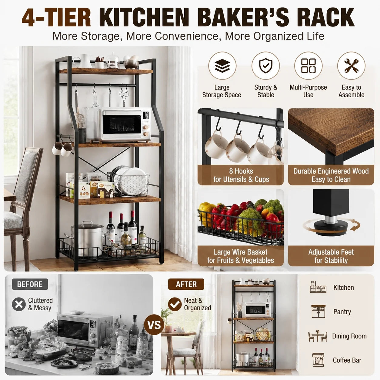 4 Tier Kitchen Bakers Rack, Microwave Stand, and Storage Shelf with Wire Basket 8 Hooks