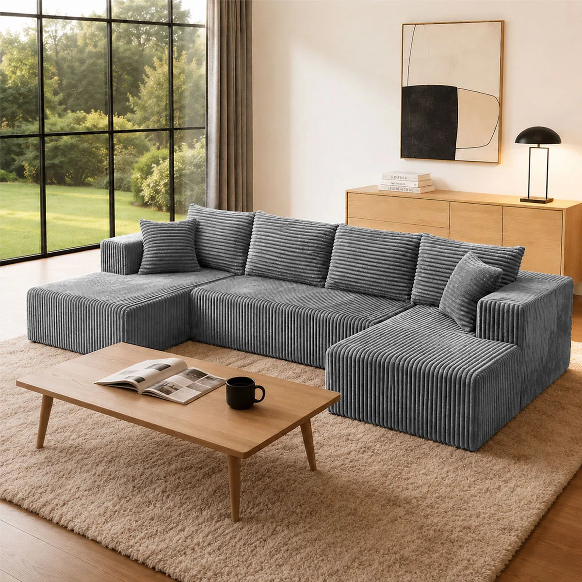 132in Modular U-Shaped Sectional Sofa with Double Chaise Lounges, 8-Piece Corduroy Oversized Pit Couch, Seats 6