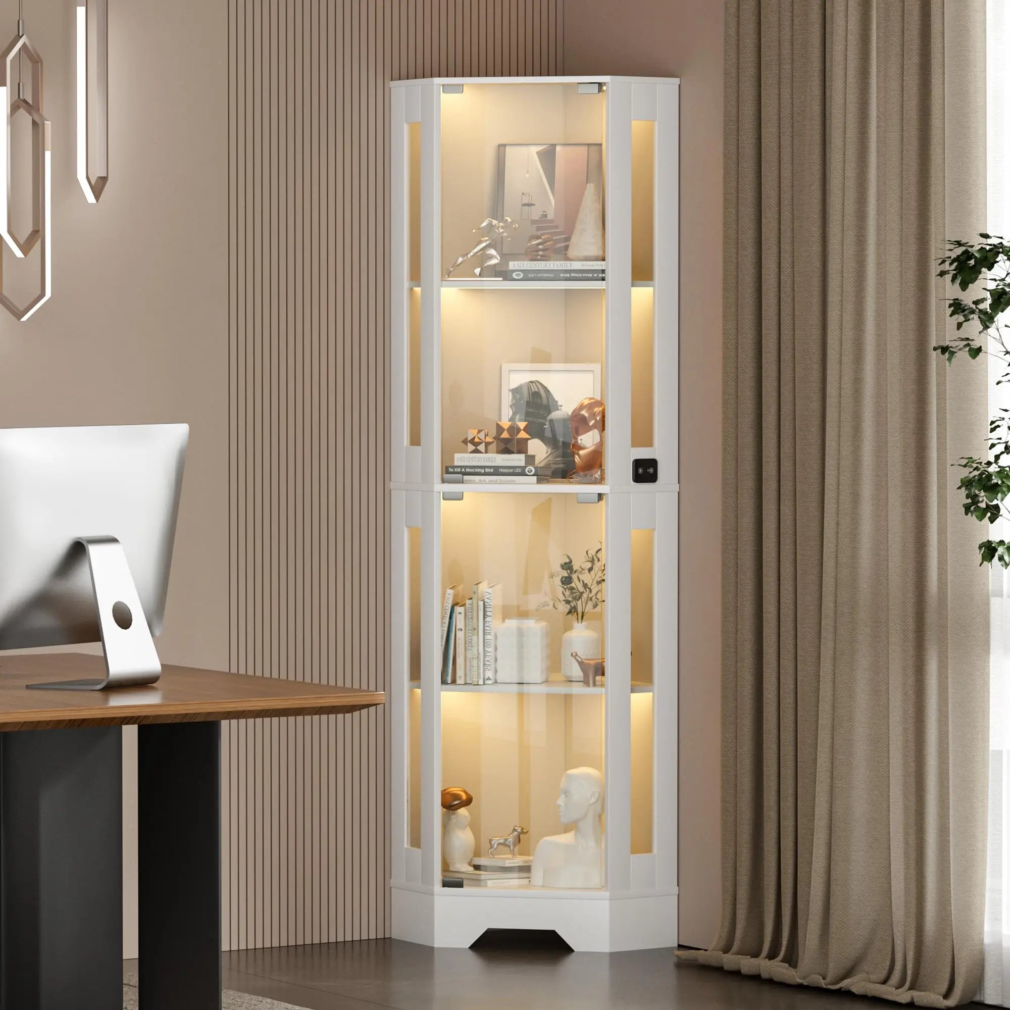Corner Curio Showcase with 4 Tiers Shelves, 3 Color LED Lighting with Smart Motion Detector
