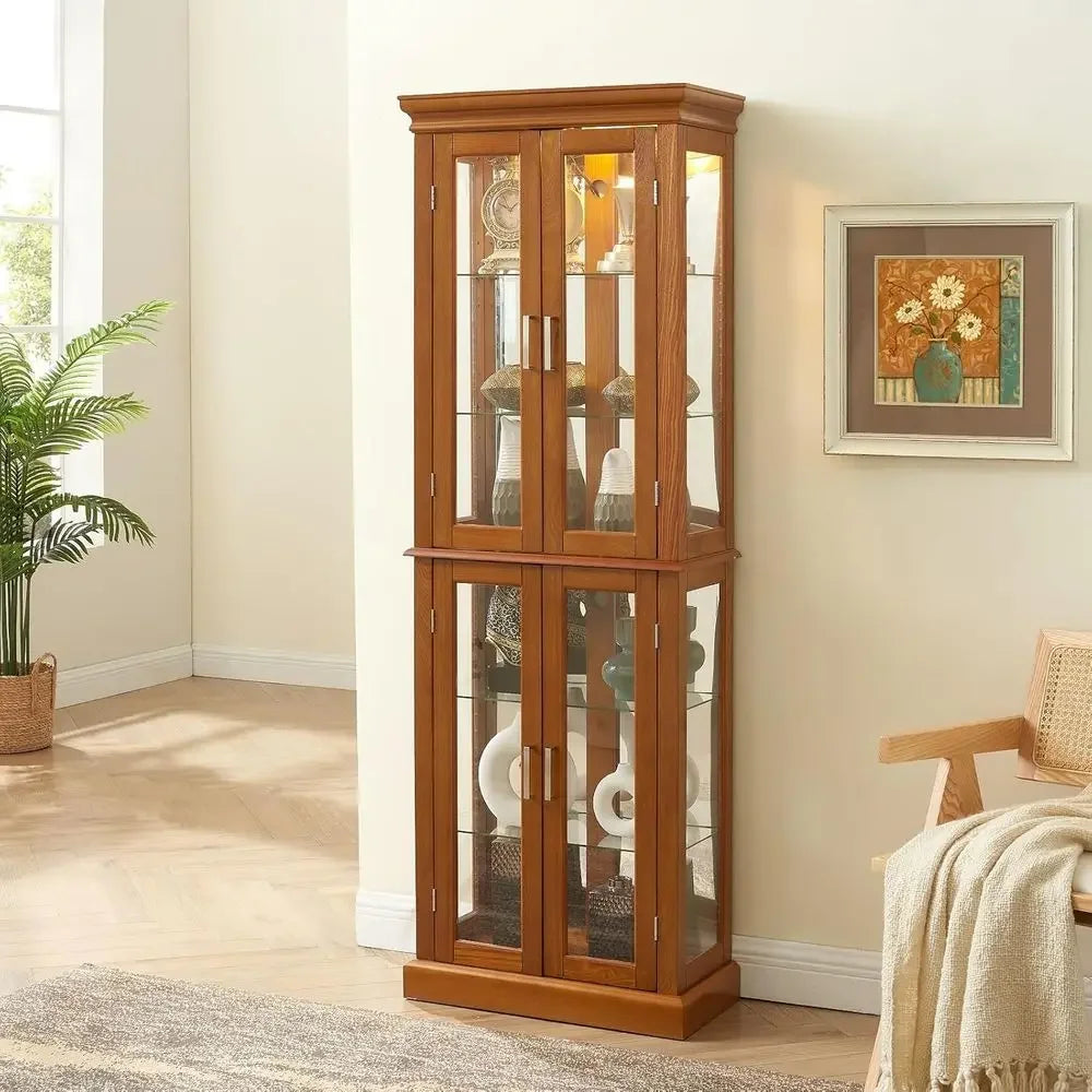 Oak Wooden 6-Shelf Lighted Curio Cabinet with Glass Doors for Living Room Display